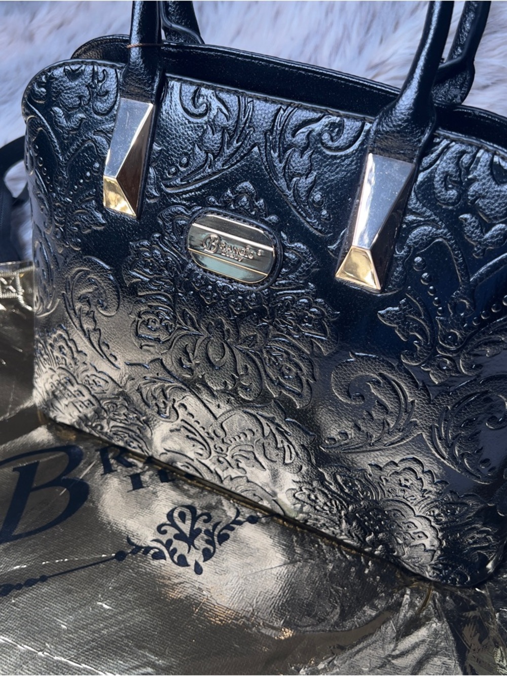 Brangio Black Embossed Satchel with Gold Accents